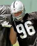 Stryker Sulak is seen in a drill during an NFL football minicamp on Saturday, May 9, 2009, at Raiders headquarters in Alameda, Calif. (AP Photo/Ben Margot)